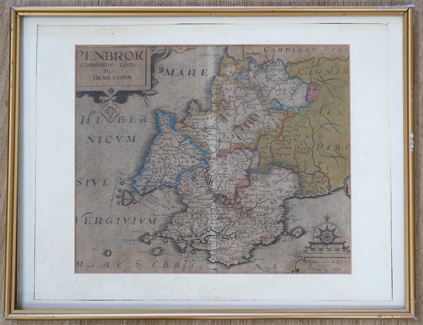 George Owen and William Kip, hand coloured engraved map of Pembroke (Penbrok), 27 x 32cm. Condition - poor, discolouration and fading all over